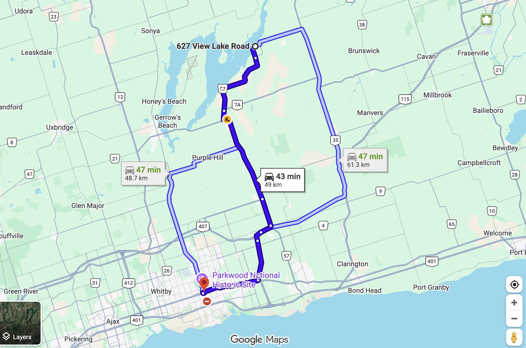Map showing route from Janetville to Oshawa Ontario