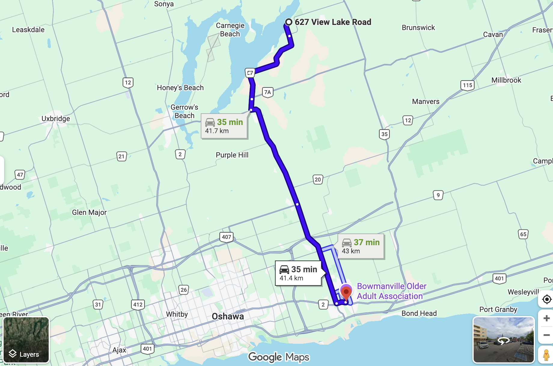 Map showing route from Janetville to Bowmanville Ontario
