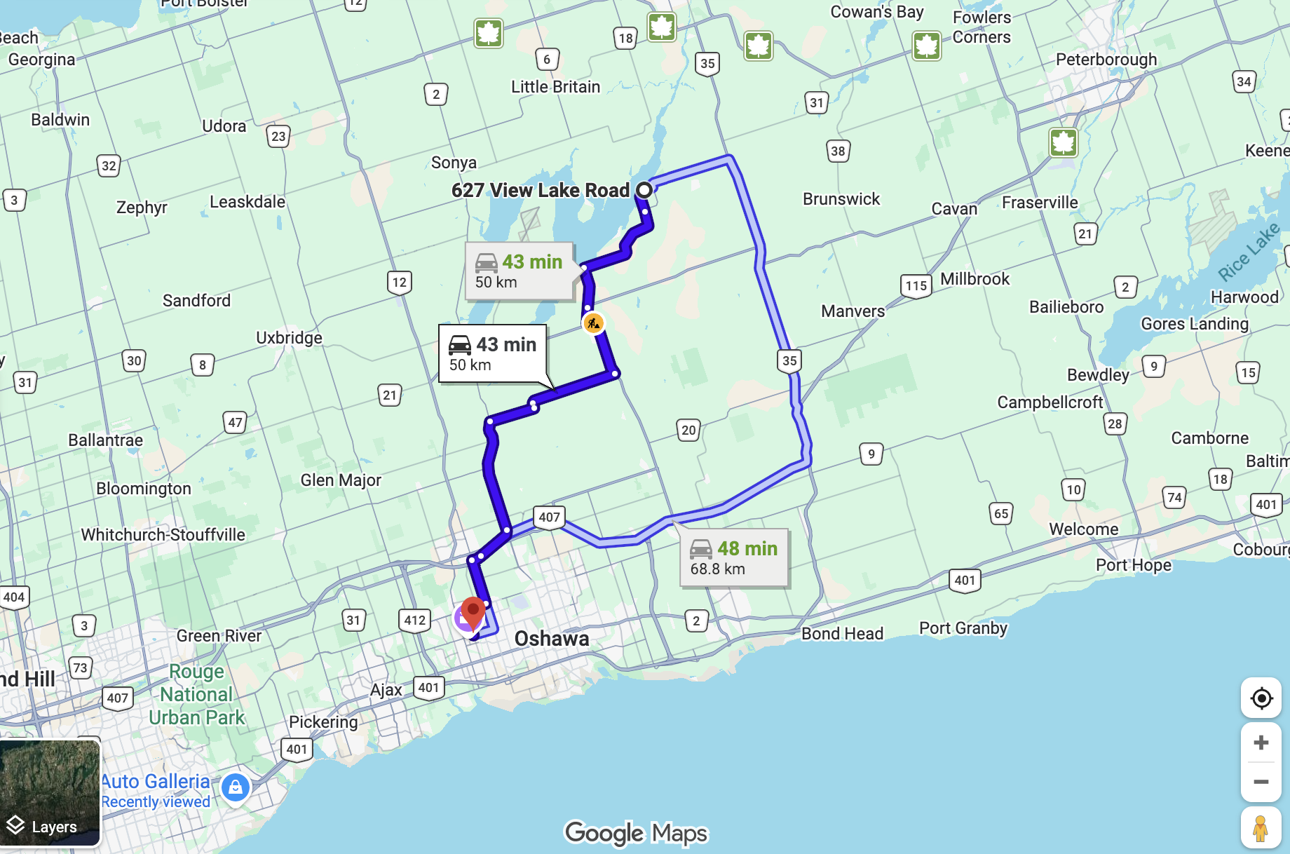 Map showing route from Janetville to Whitby Ontario